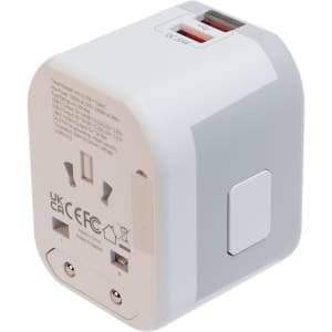 A travel adaptor featuring multiple plug types, including UK and USB connections, designed for international use.