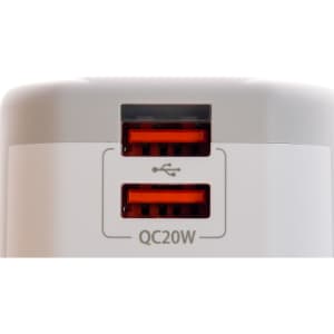 A travel adaptor with two USB ports, featuring Quick Charge technology.