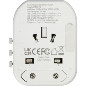 A white travel adapter with two USB ports, a Type-C port, and a UK plug design. It features electrical specifications on the body.