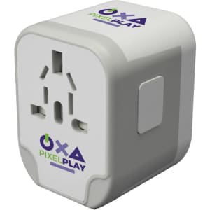 A travel adaptor with multiple plug configurations and branding that reads "OXA PIXELPLAY."