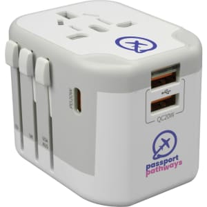 A travel adaptor in white and grey, featuring multiple plug options and USB ports. It includes a logo on the side.