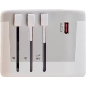 A travel adaptor featuring interchangeable plugs for EU, UK, and USA/AUS, along with a USB-C port labeled PD20W.