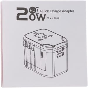 A white quick charge adapter with multiple port options, featuring a simple line drawing design.