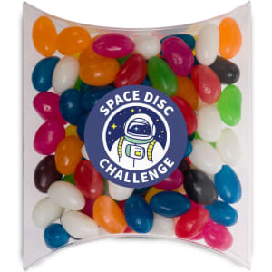 Assorted jelly beans in various colours contained in a pillow pack, featuring a logo on the front.