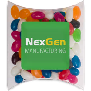 A pillow pack filled with assorted colour mini jelly beans, featuring a logo on the front.