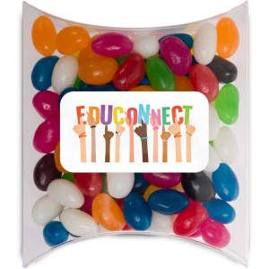 Assorted jelly beans in various colors, packaged in a clear pillow pack with a logo.