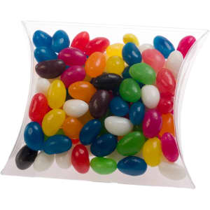 Assorted Colour Mini Jelly Beans in a clear pillow pack, featuring a variety of vibrant colors and shapes.
