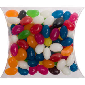 A pillow pack containing assorted colour mini jelly beans in various vibrant shades.