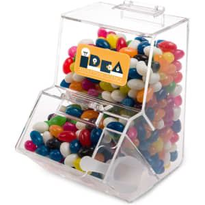 A clear dispenser filled with assorted colour mini jelly beans, featuring a logo on the front.