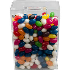 A clear dispenser filled with assorted color mini jelly beans, featuring vibrant hues of blue, red, yellow, and green.
