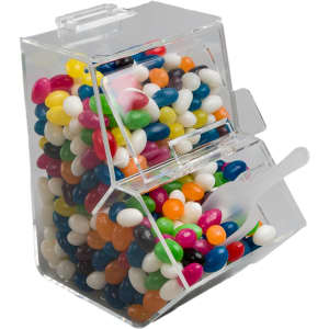 A clear dispenser filled with assorted color mini jelly beans in various vibrant shades.