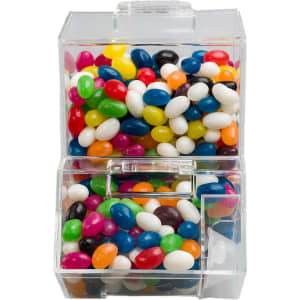 A clear dispenser filled with assorted mini jelly beans in vibrant colors like red, blue, green, and yellow.