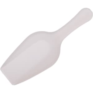 A white plastic scoop with a rounded handle, designed for dispensing small amounts of powder or granules.