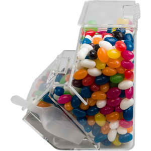 A dispenser filled with assorted color mini jelly beans, featuring vibrant shades of blue, pink, orange, and white.