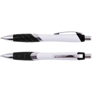 A pair of plastic pens in white and black with chrome accents and a textured grip. One pen features a clip.
