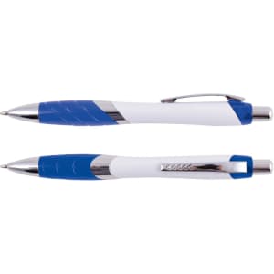 A set of plastic pens in blue and white with a sleek design, featuring chrome accents and a rubber grip for comfort.