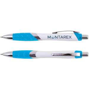 A plastic pen in white and blue with chrome accents and a clip, featuring a logo.