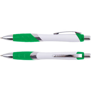 A plastic pen with a white barrel and green rubber grip and accents. The pen features a chrome clip and tip.