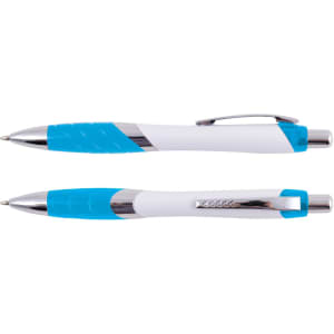 A blue and white plastic pen with a glossy finish and a silver clip, featuring a logo.