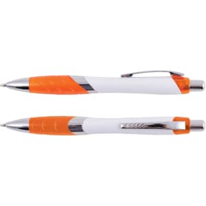 A set of Beat Pens in a sleek design featuring a white body with vibrant orange accents and chrome details.
