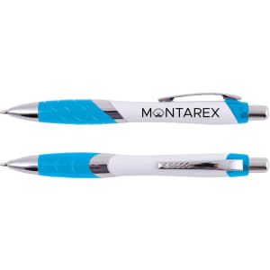 A plastic pen in white and blue with a chrome accent and a branded logo.
