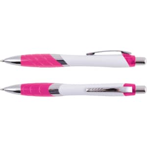 A plastic pen featuring a sleek white body with pink accents and a chrome clip, designed for writing.