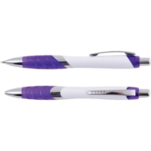 A purple and white plastic pen with a glossy finish and a clip. It has a textured grip for comfort.