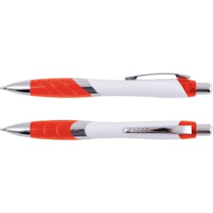 A plastic pen featuring a white body with orange accents and chrome detailing.