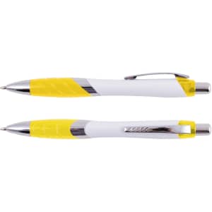 A set of plastic pens in white and yellow, featuring a shiny chrome trim and a clip on the side.