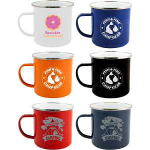 A set of enamel mugs in white, blue, orange, black, red, and navy, each with a logo or branding.