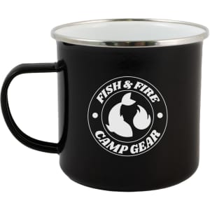 A black enamel mug with a silver interior and a logo on the front.
