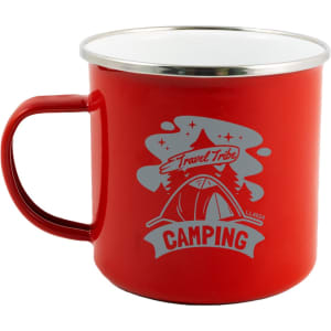 A red enamel mug with a silver rim and a camping-themed design, featuring the text "Travel Tribe" and "CAMPING."