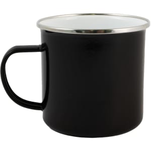 A black enamel mug with a silver rim and a sturdy handle.