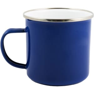 A blue enamel mug with a silver rim and a sturdy handle, suitable for hot beverages.