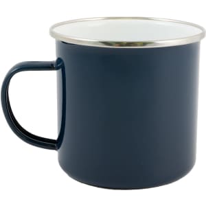 A blue enamel mug featuring a stainless steel rim and a sturdy handle, designed for drinkware use.