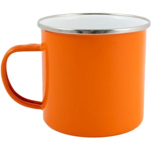 An orange enamel mug with a silver rim and a handle.