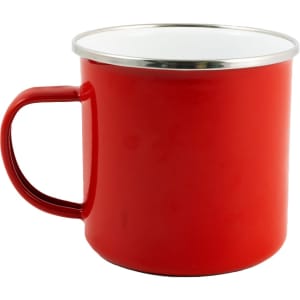 A red enamel mug with a silver rim and a sturdy handle, designed for drinking beverages.