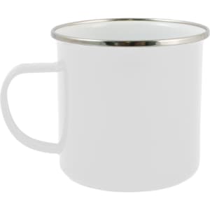 A white enamel mug with a silver rim, designed for drinking beverages.