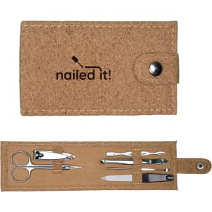 A cork manicure set with essential tools: scissors, nail clippers, cuticle pushers, and files. Features a snap closure.