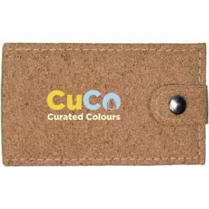 A cork manicure set featuring a brown exterior with a snap closure, displaying the logo "CuCo Curated Colours."