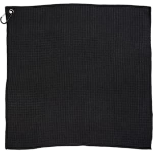 A black, textured travel towel with a corner loop for hanging. It has a simple design and a towel-like appearance.