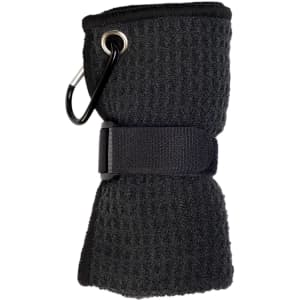 A black travel towel with a loop and strap for easy attachment, featuring a carabiner and textured fabric.