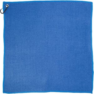 A blue travel towel with a textured fabric and a hanging loop. It has a simple design and features a logo.