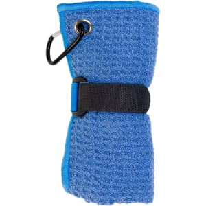 A blue travel towel rolled and secured with a black strap and a carabiner attached, featuring a textured surface.