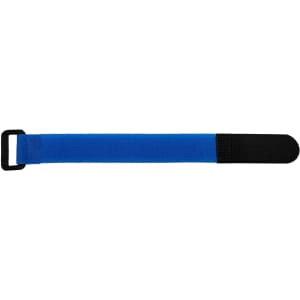 A blue travel towel strap with a black end, featuring a buckle. It has a smooth texture.