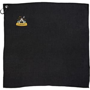 A black travel towel with a textured surface and a logo featuring a camping motif.