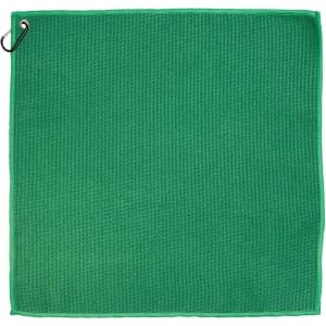 A green Rhino Travel Towel with a textured surface and a clip for easy attachment.