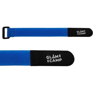 A blue travel towel strap featuring black ends and a logo.