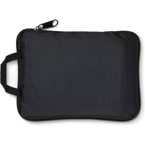 A black zippered pouch with a handle, featuring a sleek design suitable for storage and organisation.