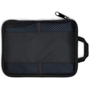 A black zippered bag with mesh detailing, featuring a handle on one side.